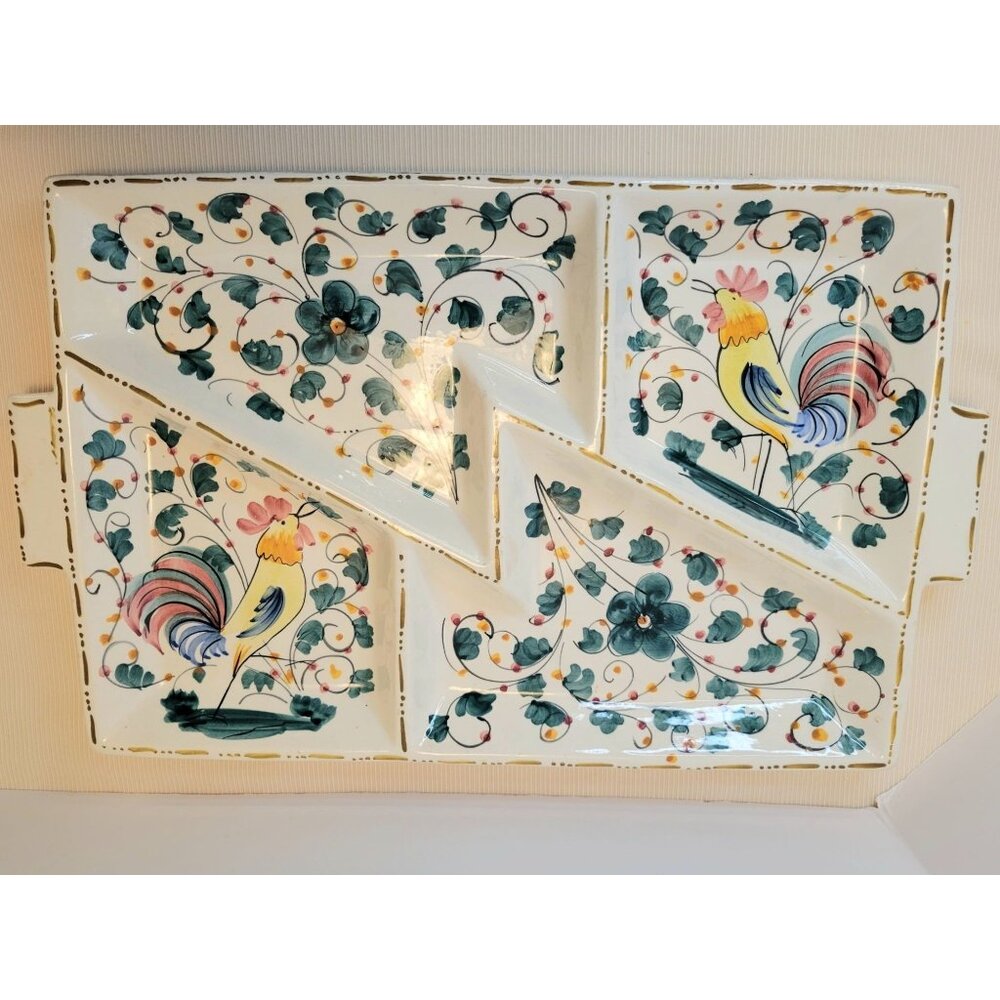 Mid Century Italy Ceramic Divided Serving Platter With Rooster & Floral Design